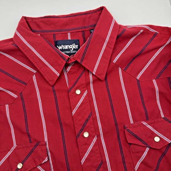Wrangler Other - Wrangler Western Shirt Men's 2XLT Red Black Striped Pearl‎ Snaps Short Sleeve
